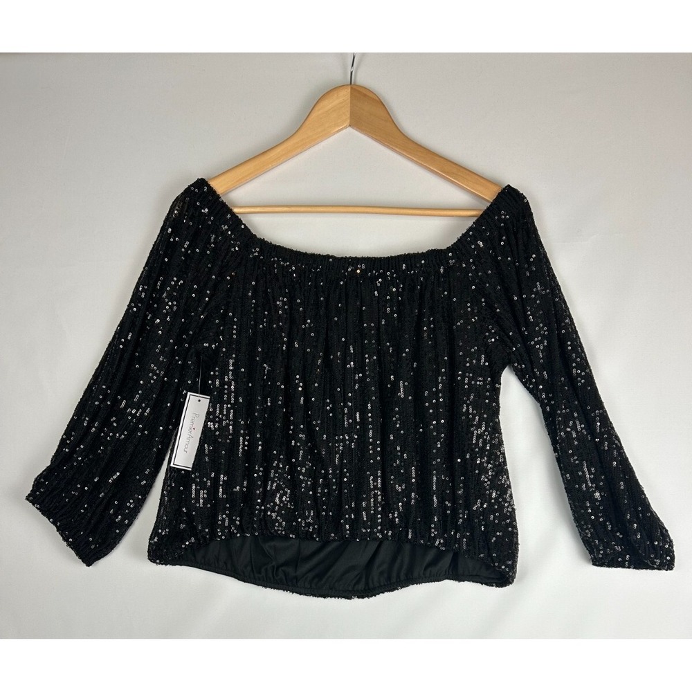 Premier Amour Women's Black Off the Shoulder Sequin Top Blouse Sz:L